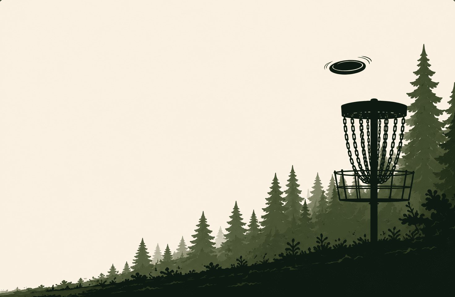 Illustration of a disc golf basket on a wooded hillside with a disc in flight